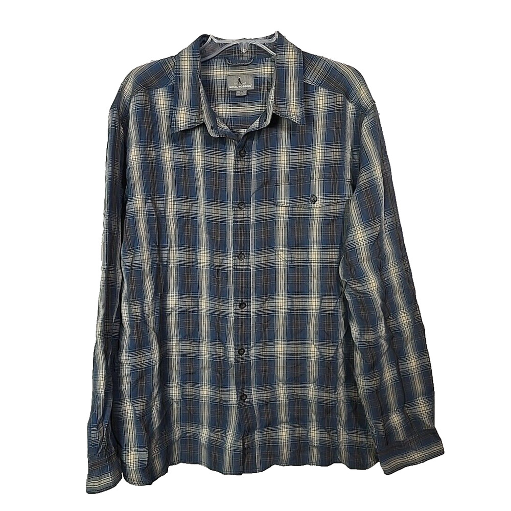 Royal Robbins Navy Blue Plaid Pocket Long Sleeve Button Down Shirt Men's Size XL